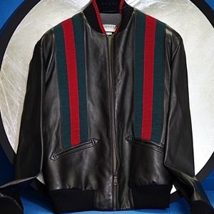 GUCCI Black Leather Web Bomber Jacket